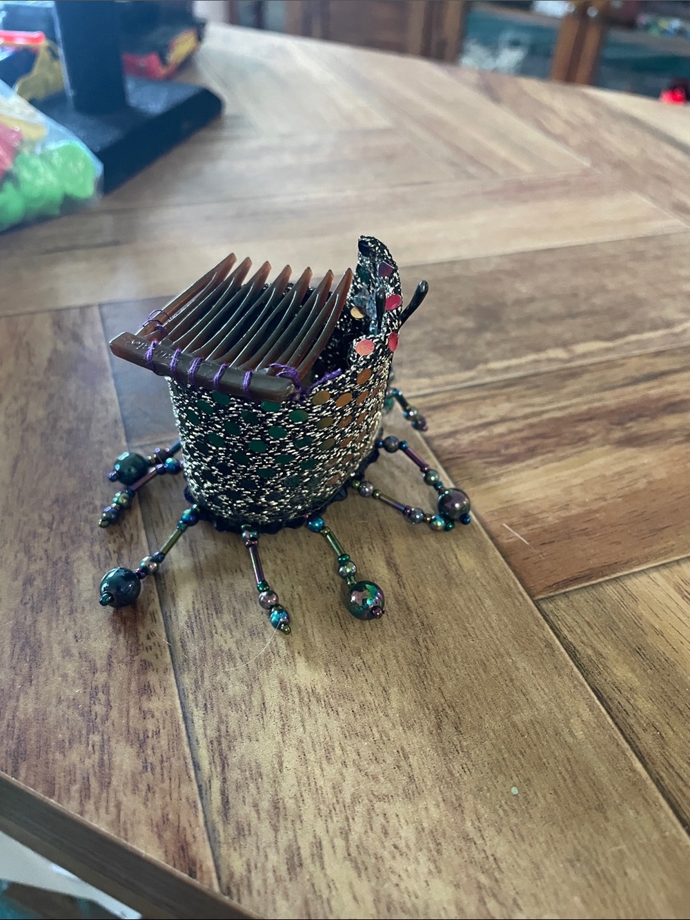 Beaded Insect Hair Comb Clip - Iridescent Green & Purple for pony tail